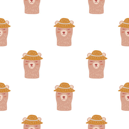 Isolated animal cartoon seamless pattern with pink bear with hat ornament. White background.  Endless illustration.のイラスト素材