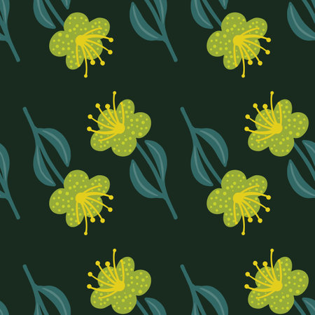 Bright green flower silhouettes seamless pattern. Botanic nature ornament with dark background. Stock illustration.のイラスト素材