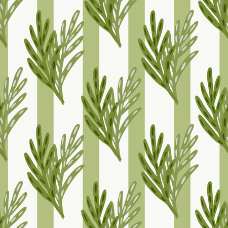 Simple design seamless pattern with doodle outline leaf twigs silhouettes. Striped background. Green palette.  Endless illustration.のイラスト素材