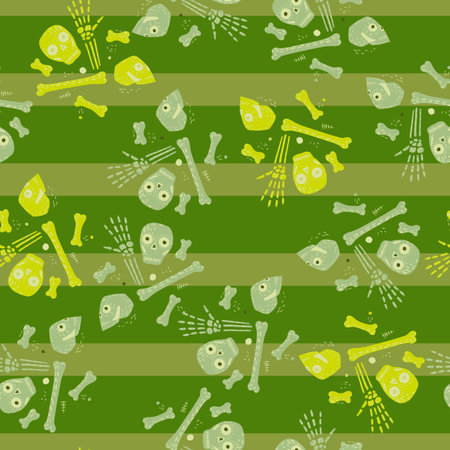 Random blue and yellow skull and bones ornament seamless horror pattern. Green striped background. Stock illustration.のイラスト素材