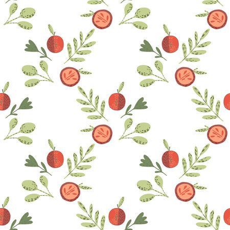 Isolated seamless pattern with green leaf branches and red apples print. White background. Vector Illustration.のイラスト素材