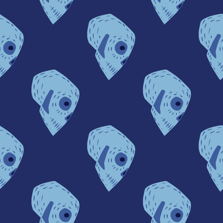 Cartoon light blue skull ornament seamless pattern. Navy blue bright background. Stock illustration.のイラスト素材