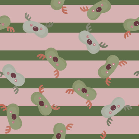 Mask deer green and gray color chaotic seamless pattern on striped pink and green background. Children graphic design element for different purposes. Flat vector illustration.のイラスト素材