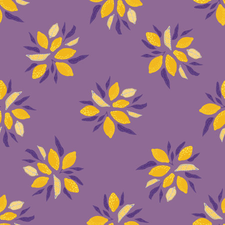 Yellow lemon seamless pattern in hand drawn style. Pastel purple background. Organic food print.のイラスト素材