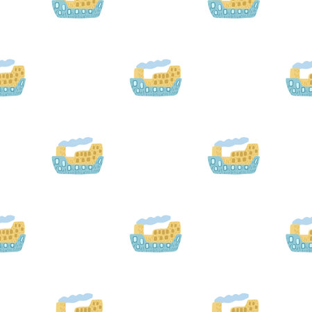 Cute seamless pattern with blue bright steamship silhouettes on white background.のイラスト素材