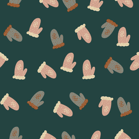 Holiday ornament seamless pattern with pink mittens print. Dark turquoise background.のイラスト素材