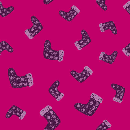 Winter seamless pattern with purple colored winter socks print. Pink bright background. Random print.のイラスト素材