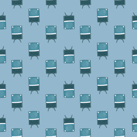 Media seamless pattern in cartoon style with tv simple silhouettes. Blue background. Vintage print.のイラスト素材