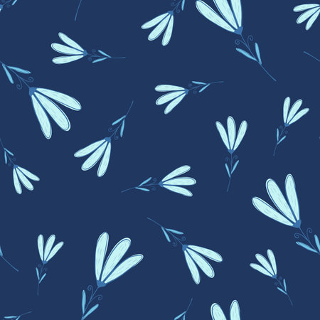 Random seamless pattern with light wild flower ornament. Navy blue background.  Endless illustration.のイラスト素材