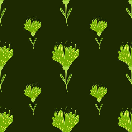 Doodle seamless pattern with green bright flower abstract print. Olive dark background. Stock illustration.のイラスト素材