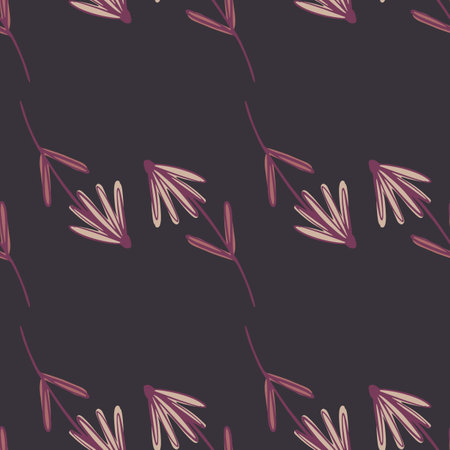 Minimalistic style dark seamless pattern with botanic flower silhouettes. Purple pale background.のイラスト素材