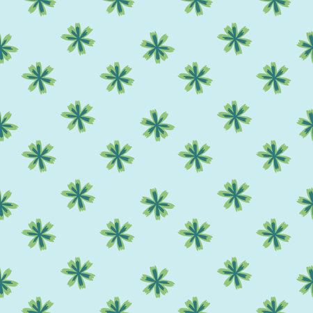 Ditsy seamless pattern with green simple flower silhouettes. Blue pastel background. Nature backdrop.  Endless illustration.のイラスト素材