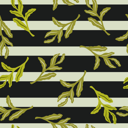 Random green doodle leaves seamless pattern. Tropical shapes on dark striped background. Endless illustration.のイラスト素材