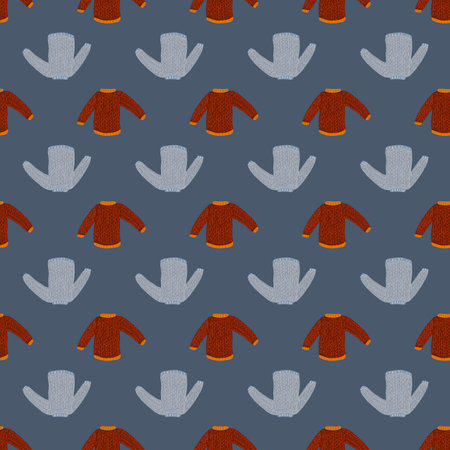 Red and blue colored knitted sweater seamless doodle pattern. Warm winter outfit.のイラスト素材