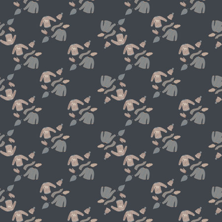 Dark warm seamless pattern with doodle mittens, scarf, hat and sweater print. Grey background. Cartoon backdrop. Stock illustration.のイラスト素材