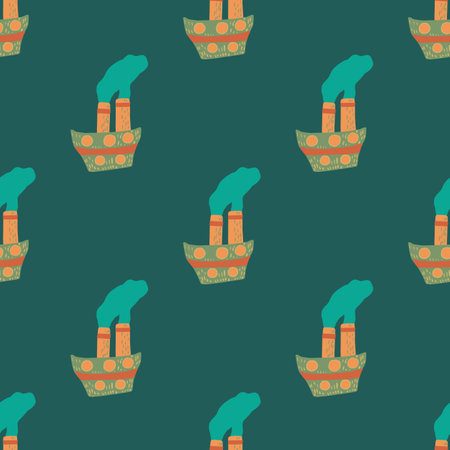 Cartoon seamless pattern with doodle childish ship ornament. Dark turquoise background. Vector illustration for seasonal textile prints, fabric, banners, backdrops and wallpapers.のイラスト素材