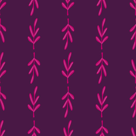 Vintage seamless pattern with botanic pink leaf twigs elements. Purple background. Stock illustration.のイラスト素材