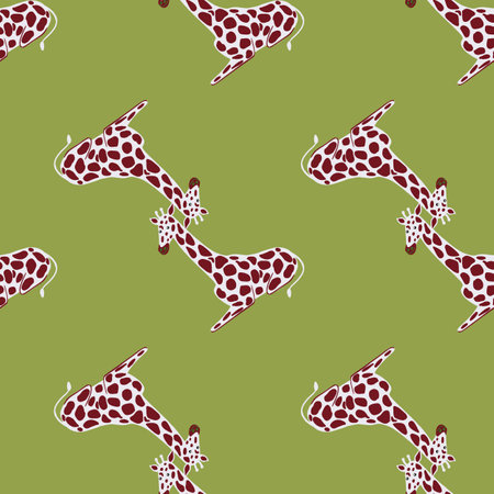 Purple and grey colored giraffe seamless pattern in doodle style. Green background. Creative design.のイラスト素材