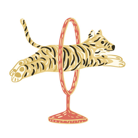 Tiger jump through circus ring isolated on white background. Cute character from safari in striped. Doodle vector illustration.のイラスト素材