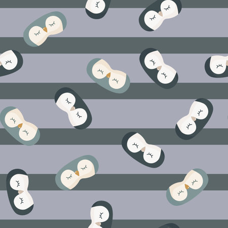 Penguin gray and black color chaotic seamless pattern on striped gray background. Children graphic design element for different purposes. Flat vector illustration.のイラスト素材