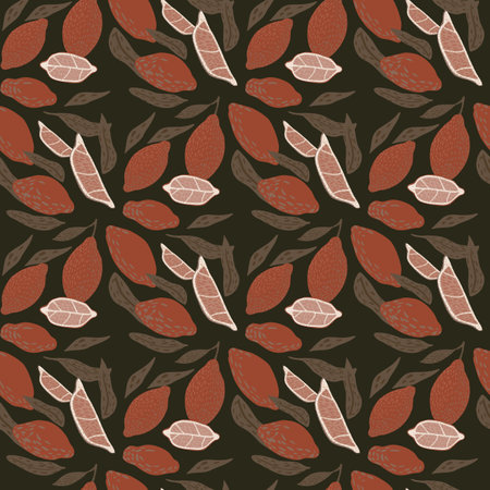 Pale fruit seamless pattern with brown colored lemon shapes and foliage. Dark background.のイラスト素材