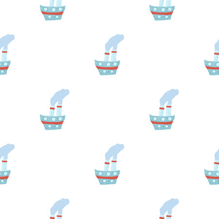 Isolated seamless pattern with pastel blue steamship ornament. White background. Marine backdrop.のイラスト素材