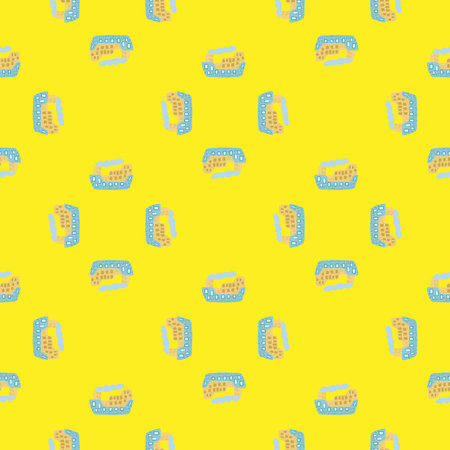 Cute cartoon seamless childish pattern with blue steamship silhouettes on yellow background.