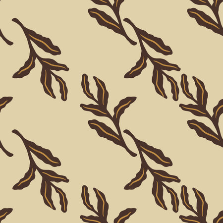 Brown cartoon seamless pattern with simple leaf branches shapes. Pastel background. Nature print.  Endless illustration.のイラスト素材