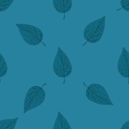 Simple minimalistic seamless pattern with doodle leaf ornament. Blue palette botanic artwork.のイラスト素材