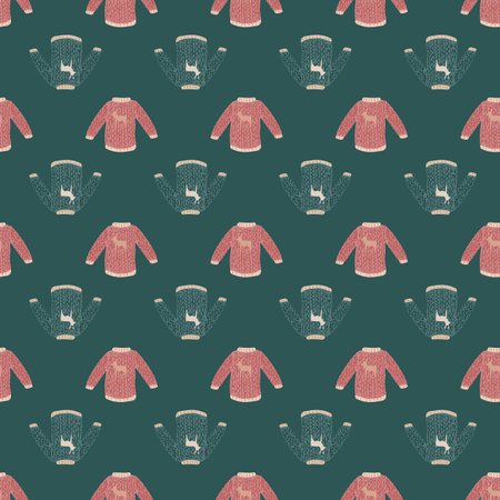 Vintage old sweater print seamless doodle pattern. Turquoise background. Pink pullovers.  Endless illustration.のイラスト素材