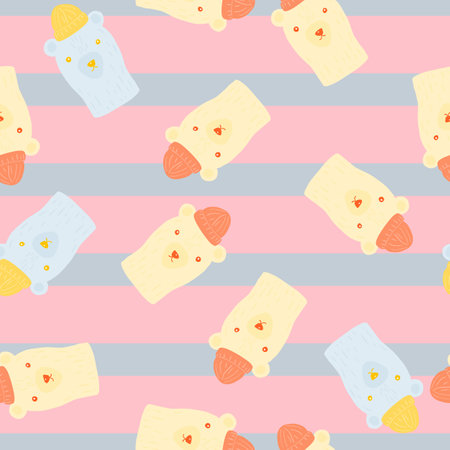 Seamless random pattern with doodle bear in hats print. Blue and pink striped background.のイラスト素材