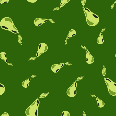 Food seamless fruit pattern with random pear ornament. Green colored artwork print. Graphic design for wrapping paper and fabric textures. Vector Illustration.のイラスト素材