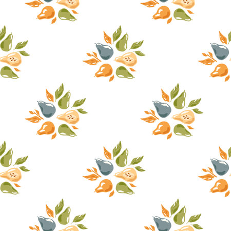 Isolated seamless pattern with orange and blue colored pear and leaves shapes. White background. Stock illustration. Vector design for textile, fabric, giftwrap, wallpapers.のイラスト素材