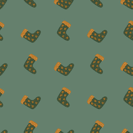 Scrapbook seamless pattern with green and orange colored ornamental socks print. Pale grey background. Vector illustration for seasonal textile prints, fabric, banners, backdrops and wallpapers.のイラスト素材