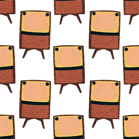 Isolated seamless pattern with brown colored tv silhouettes. White background. Home decor retro print. Vector illustration for seasonal textile prints, fabric, banners, backdrops and wallpapers.のイラスト素材