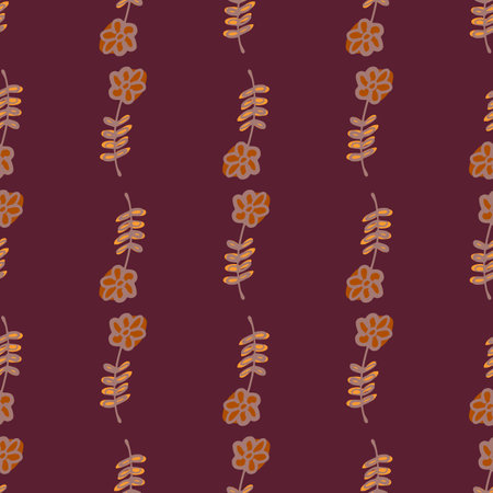 Decorative seamless pattern with simple hand drawn flowers ornament. Maroon background. Stock illustration. Vector design for textile, fabric, giftwrap, wallpapers.のイラスト素材