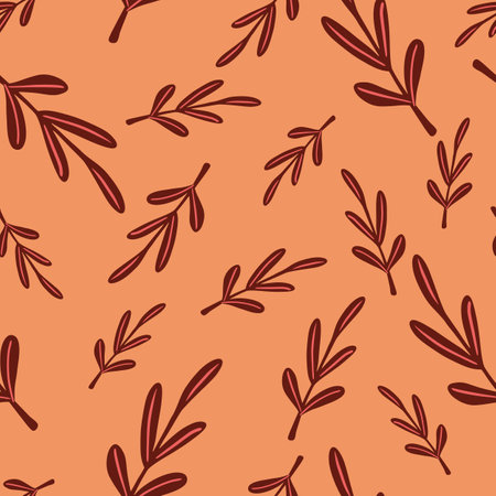 Random seamless pattern with maroon lfoliage silhouette twigs. Coral background. Stock illustration. Vector design for textile, fabric, giftwrap, wallpapers.のイラスト素材