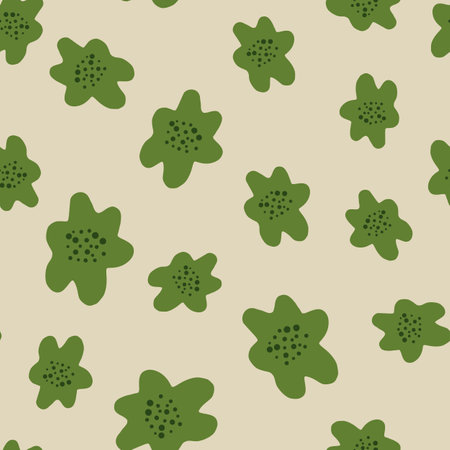 Doodle random green flowers ornament seamless pattern. Grey background. Garden blossom artwork. Stock illustration. Vector design for textile, fabric, giftwrap, wallpapers.のイラスト素材