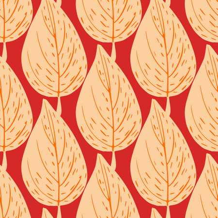 Light orange outline leaves seamless doodle pattern. Bright red background. Hand drawn print. Flat vector print for textile, fabric, giftwrap, wallpapers. Endless illustration.のイラスト素材