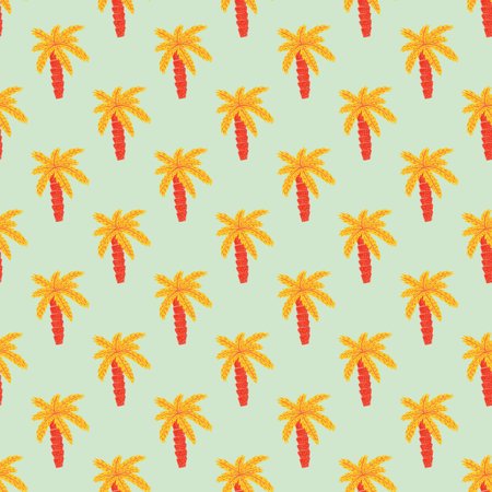 Bright orange palm tree ornament seamless doodle pattern in hand drawn style, Light blue background. Flat vector print for textile, fabric, giftwrap, wallpapers. Endless illustration.のイラスト素材