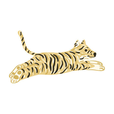Tiger jump isolated on white background. Cute character from safari in striped. Doodle vector illustration.のイラスト素材