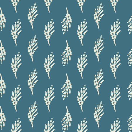 Abstract seamless nature pattern with white doodle leaves branches shapes. Pale navy blue background. Flat vector print for textile, fabric, giftwrap, wallpapers. Endless illustration.のイラスト素材