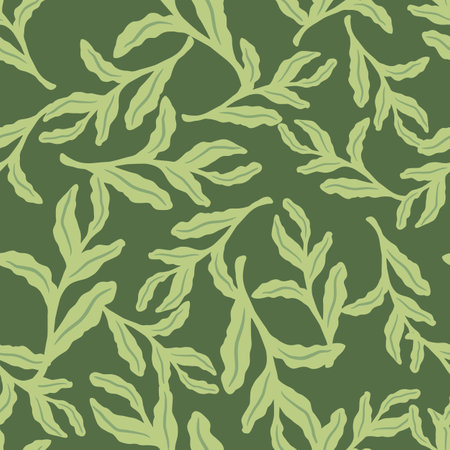 Random seamless pattern with light green leaf branches silhouettes. Green background. Foliage print. Flat vector print for textile, fabric, giftwrap, wallpapers. Endless illustration.のイラスト素材