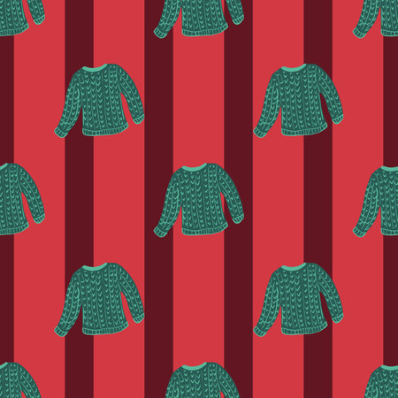 Hand drawn green cozy sweater seamless doodle pattern. Red striped background. Vector illustration for seasonal textile prints, fabric, banners, backdrops and wallpapers.のイラスト素材