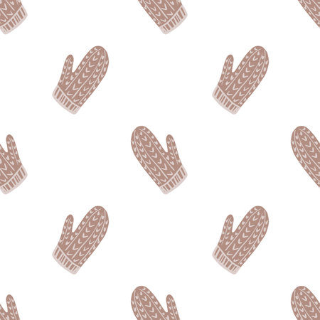 Isolated seamless pattern with pastel tones doodle mittens silhouettes. White background. Warm winter backdrop. Graphic design for wrapping paper and fabric textures. Vector Illustration.のイラスト素材