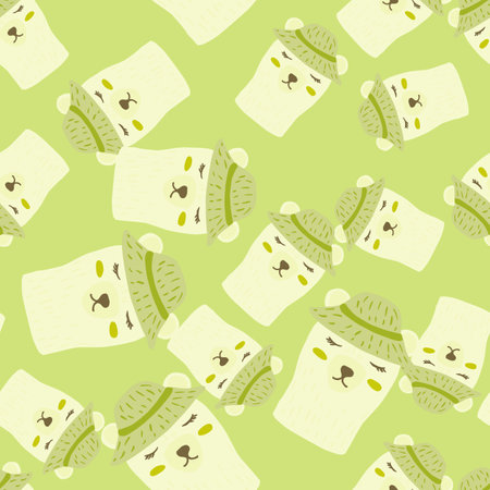 Cartoon seamless pattern with hand drawn head bear in hats print. Light green background. Random ornament. Flat vector print for textile, fabric, giftwrap, wallpapers. Endless illustration.のイラスト素材