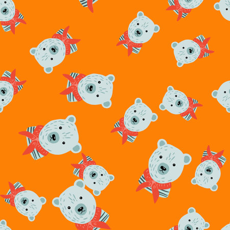 Random seamless pattern with doodle sailor bear character silhouettes. Orange bright background. Vector illustration for seasonal textile prints, fabric, banners, backdrops and wallpapers.のイラスト素材