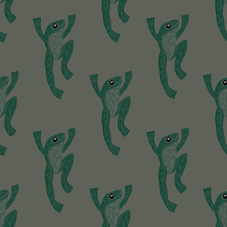 Dark zoo marine seamless doodle pattern with green froggy ornament. Grey background. Kids style. Stock illustration. Vector design for textile, fabric, giftwrap, wallpapers.のイラスト素材