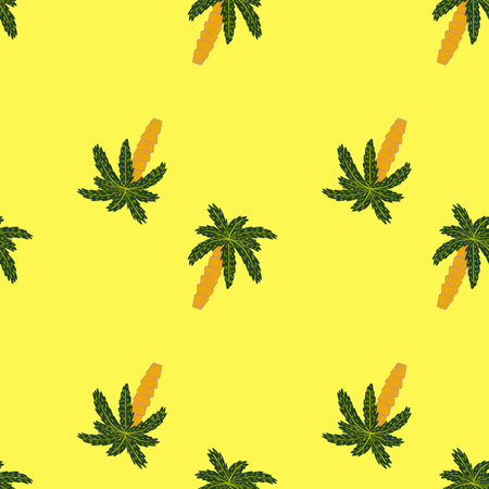 Minimalistic style summer hawaii seamless pattern with green palm tree shapes. Yellow sunny background. Flat vector print for textile, fabric, giftwrap, wallpapers. Endless illustration.のイラスト素材