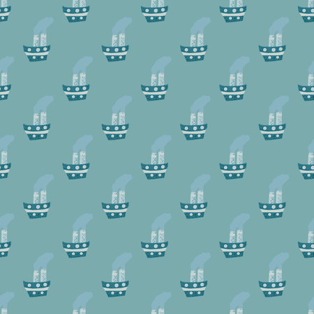 Scrapbook seamless pattern with doodle steamship elements. Blue background. Ocean transport print. Vector illustration for seasonal textile prints, fabric, banners, backdrops and wallpapers.のイラスト素材